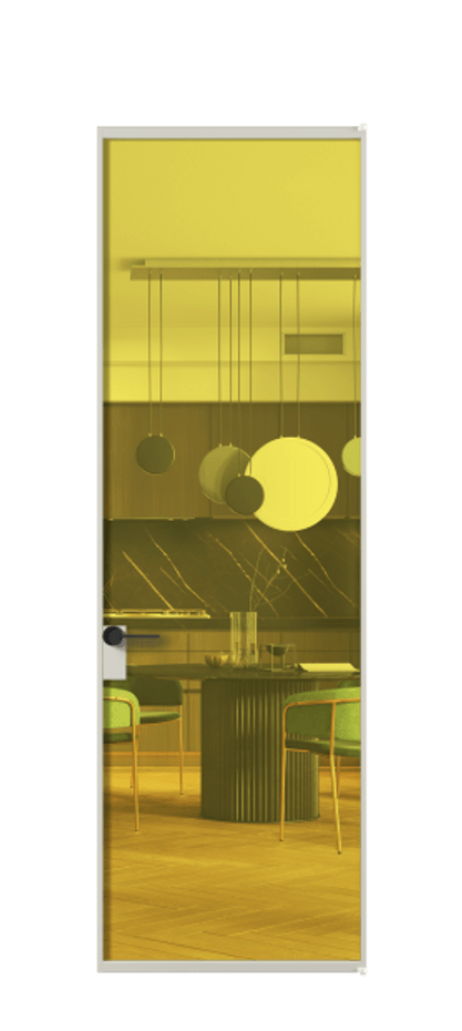 Алюминиевая дверь АЛПЛ040.01 Алюминий тёплый серый Прозрачное жёлтое стекло, триплекс Цена 137770  | Volhovec