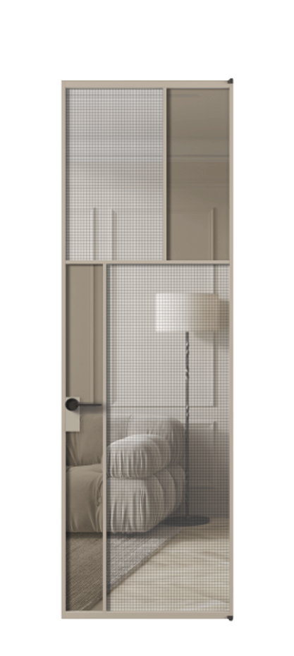 Межкомнатная дверь Mosaic АЛПЛ041.22 Алюминий бисквитный Декоративное стекло с сеткой "Mesh silver", триплекс, 6 мм + Прозрачное бронзовое стекло, триплекс Цена 171870 ₽ | Volhovec