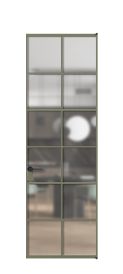 Алюминиевая дверь АЛПЛ040.05 Алюминий оливковый тёмный Сатинированное стекло "Matelux Crystal Vision", калёное, матовое, каленое 6 мм Цена 157470  | Volhovec