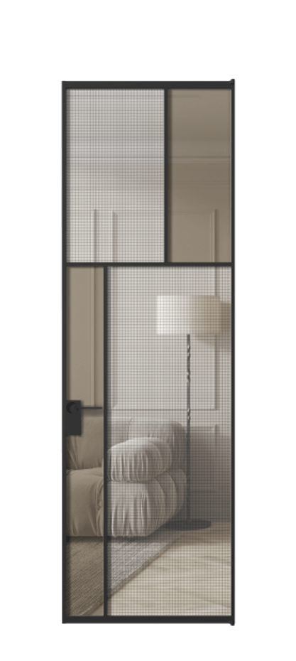 Межкомнатная дверь Mosaic АЛПЛ041.22 Алюминий Черный Декоративное стекло с сеткой "Mesh silver", триплекс, 6 мм + Прозрачное бронзовое стекло, триплекс Цена 166070 ₽ | Volhovec