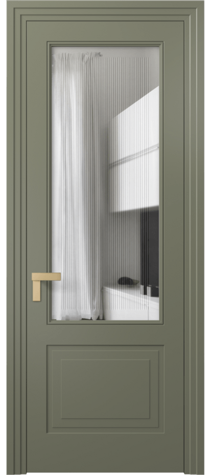 Межкомнатная дверь Rocca 8352 Матовый оливковый тёмный Прозрачное стекло с гравировкой "Каннелюры", триплекс Цена 73519 ₽ | Volhovec