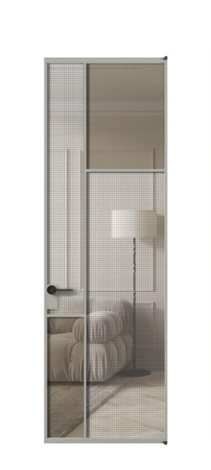 Межкомнатная дверь Mosaic АЛПЛ041.11 Алюминий нейтральный серый Декоративное стекло с сеткой "Mesh silver", триплекс, 6 мм + Прозрачное бронзовое стекло, триплекс Цена 171870 ₽ | Volhovec