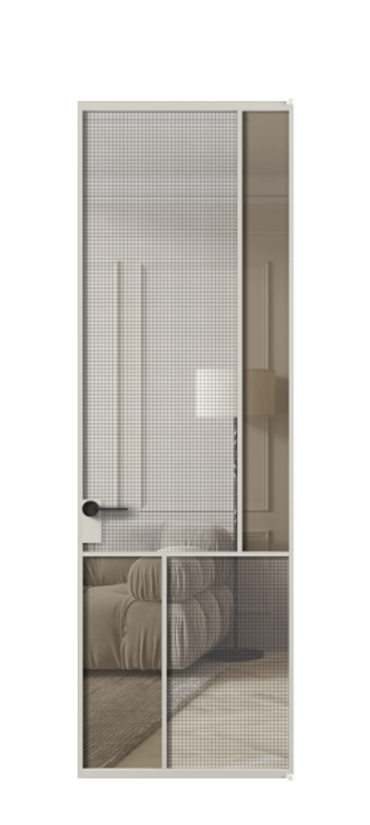 Межкомнатная дверь Mosaic АЛПЛ041.21 Алюминий тёплый серый Декоративное стекло с сеткой "Mesh silver", триплекс, 6 мм + Прозрачное бронзовое стекло, триплекс, 6 мм Цена 96160 ₽ | Volhovec