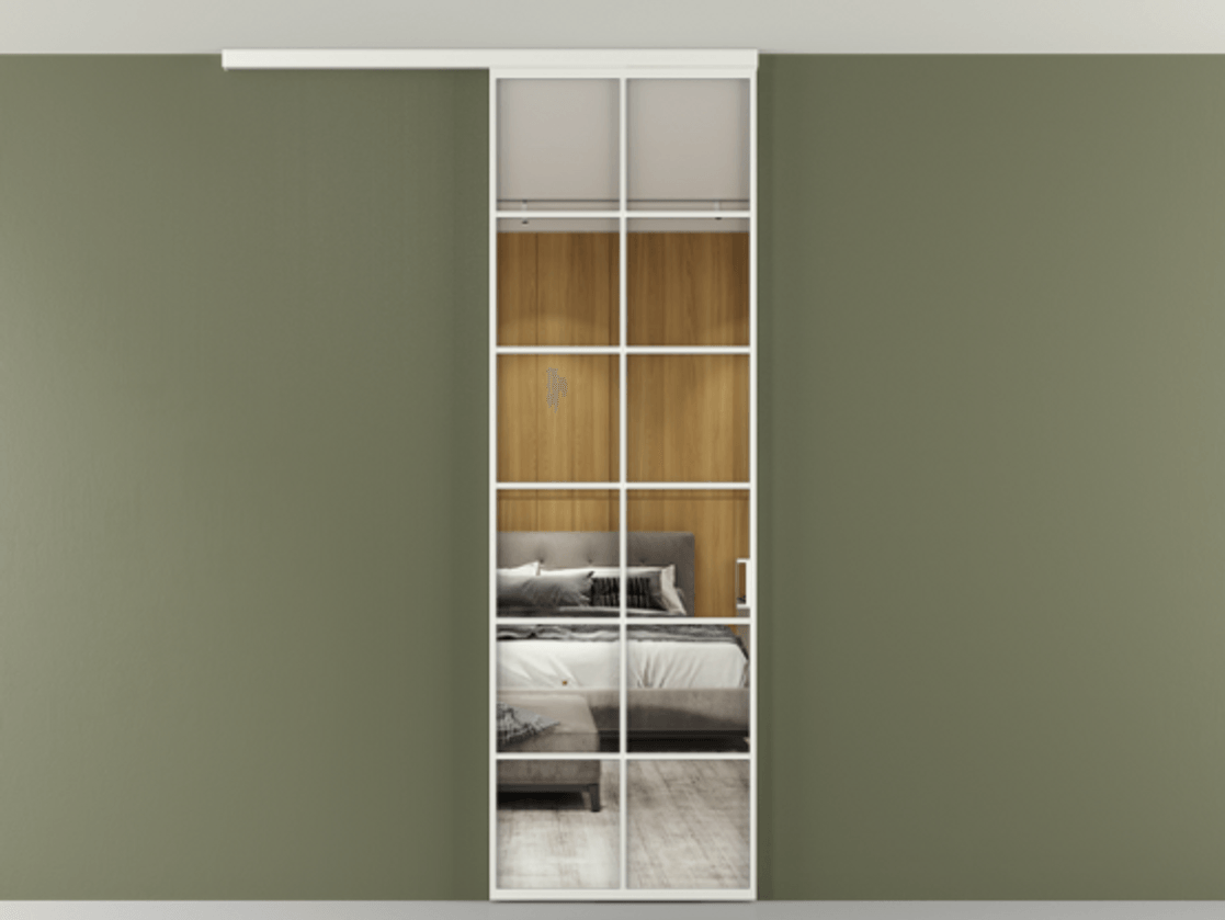 Перегородка Формато вдоль стены на потолок 1 створка АЛПР 040.05 Алюминий светло-серый Двустороннее зеркало, триплекс , триплекс 6 мм Цена 103293 ₽ | Volhovec