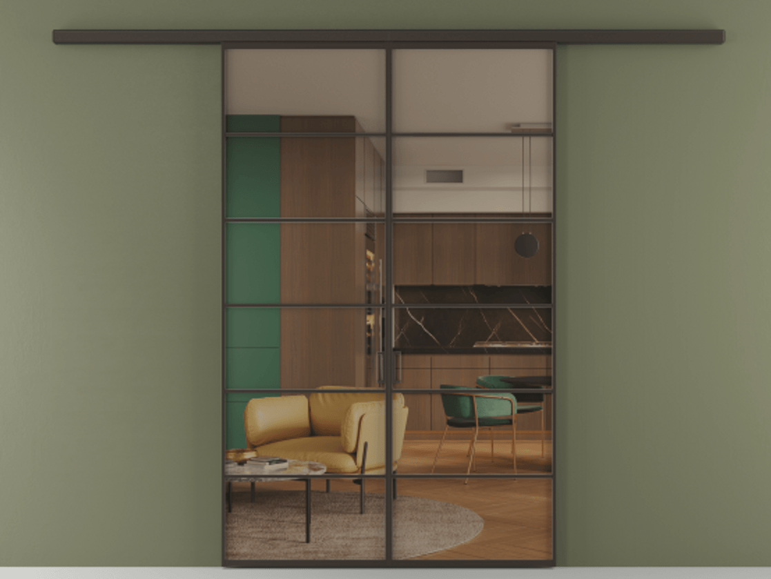 Перегородка Формато вдоль стены 2 створки АЛПР 040.04 Алюминий антрацит Прозрачное бронзовое стекло, триплекс Цена 207150 ₽ | Volhovec