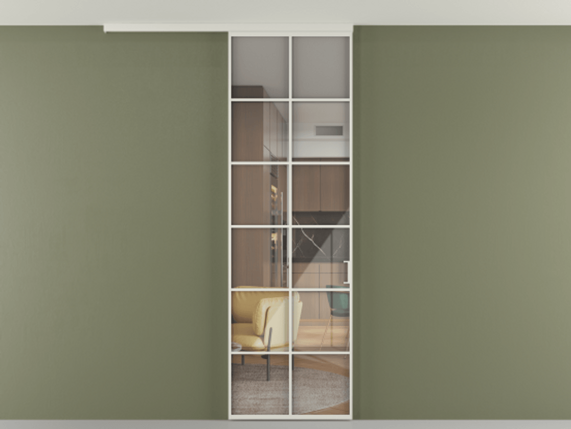 Перегородка Формато вдоль стены на потолок 1 створка АЛПР 040.05 Алюминий Белый Рефлективное прозрачное стекло "Стопсол", калёное Цена 128990 ₽ | Volhovec