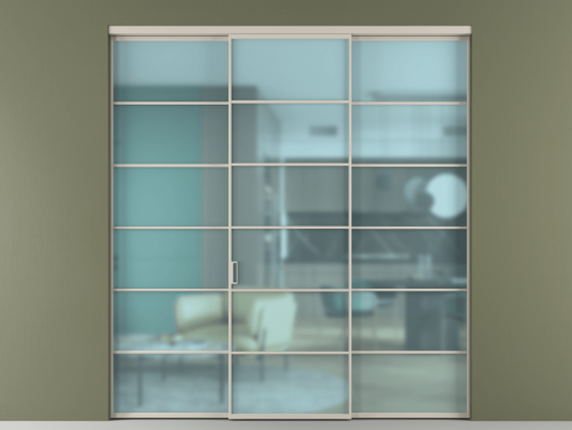 Перегородка Formato внутри проёма 3 створки АЛПР 040.04 Алюминий светло-бежевый Сатинированное голубое стекло, триплекс Цена 254825 ₽ | Volhovec