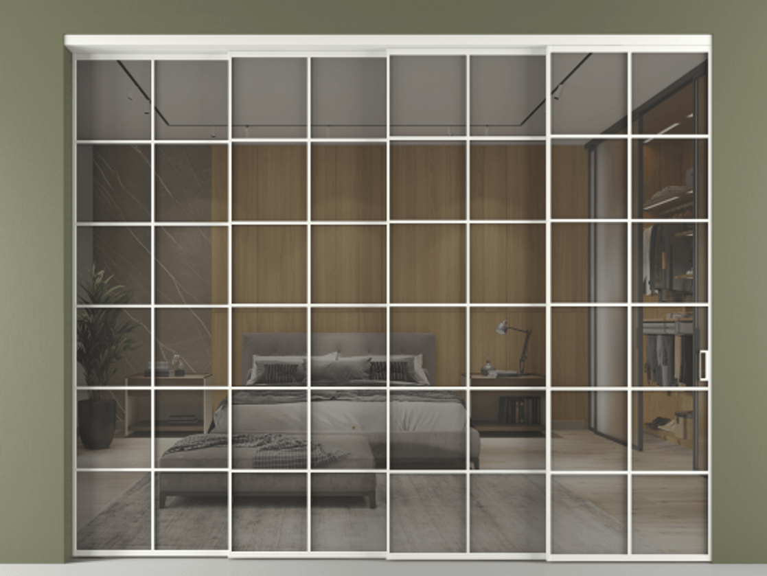 Перегородка Формато внутри проёма 4 створки с синхронным механизмом АЛПР 040.05 Алюминий светло-серый Рефлективное серое стекло "Стопсол", калёное. Цена 514280 ₽ 1. Полотно 4 шт. (800/2100 мм)
2. Комплект установки раздвижной системы
3. Базовый комплект фурнитуры
4. Комплект фурнитуры телескопик синхро-3
5. Ручка Рондо. Фабрика дверей Волховец 8 (800) 551 43 19 Перегородка Формато внутри проёма 4 створки с синхронным механизмом АЛПР 040.05 Алюминий светло-серый Рефлективное серое стекло "Стопсол", калёное Цена 514280 ₽ | Volhovec