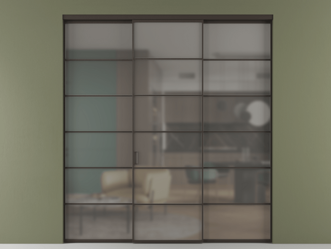 Перегородка Формато внутри проёма 3 створки АЛПР 040.04 Алюминий антрацит Сатинированное серое стекло, триплекс Цена 254825 ₽ | Volhovec