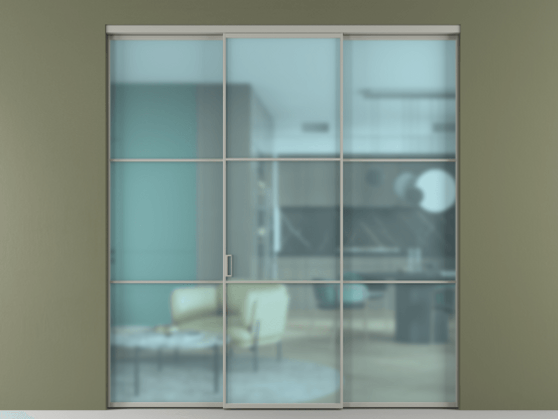 Перегородка Формато внутри проёма 3 створки АЛПР 040.03 Алюминий нейтральный серый Сатинированное голубое стекло, триплекс Цена 237275 ₽ | Volhovec