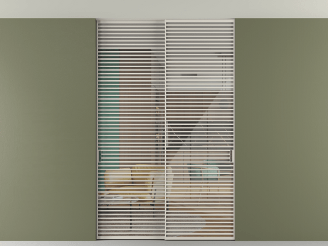 Перегородка Formato внутри проёма скрытое крепление в потолок 2 створки АЛПР 040.07 Алюминий облачно-серый Рефлективное прозрачное стекло "Stopsol", калёное Цена 521120 ₽ | Volhovec