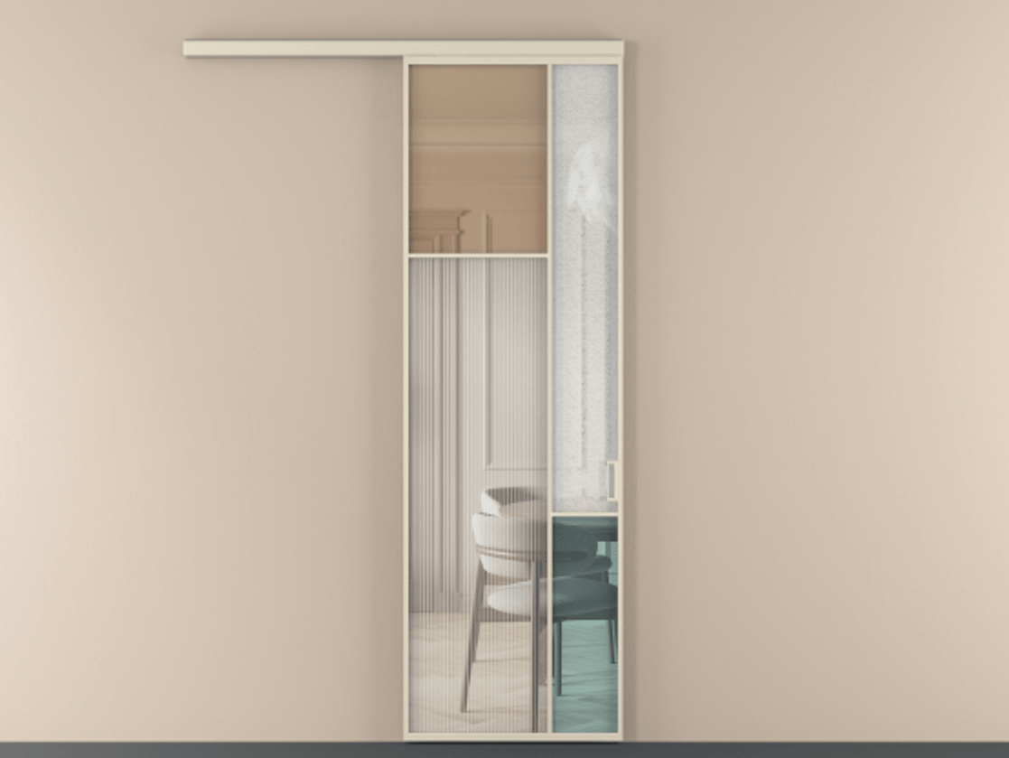 Перегородка Mosaic вдоль стены одностворчатая АЛПР 041.10 Алюминий бежево-серый Комбинация стекол Группы 1 и Группы 3 Цена 129170 ₽ | Volhovec