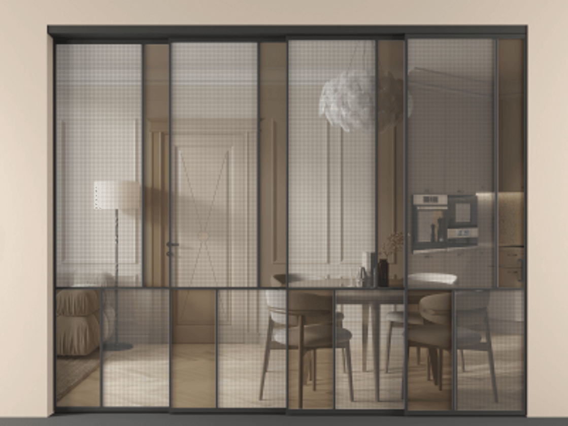 Перегородка Mosaic внутри проёма телескопик синхро-4 АЛПР 041.21 Алюминий Черный Mesh silver + Бронза прозрачное триплекс Цена 552220 ₽ | Volhovec