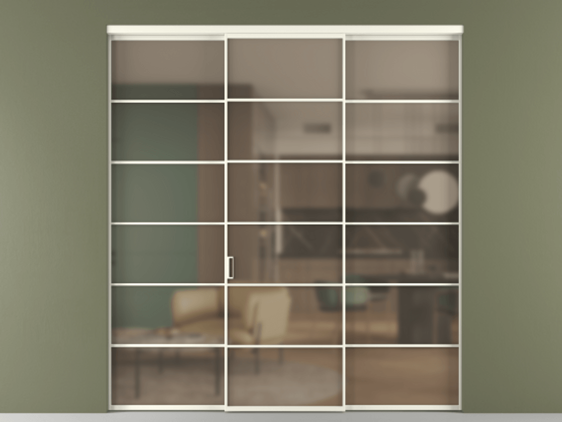 Перегородка Formato внутри проёма 3 створки АЛПР 040.04 Алюминий жемчужный Сатинированное бронзовое стекло, триплекс Цена 254825 ₽ | Volhovec