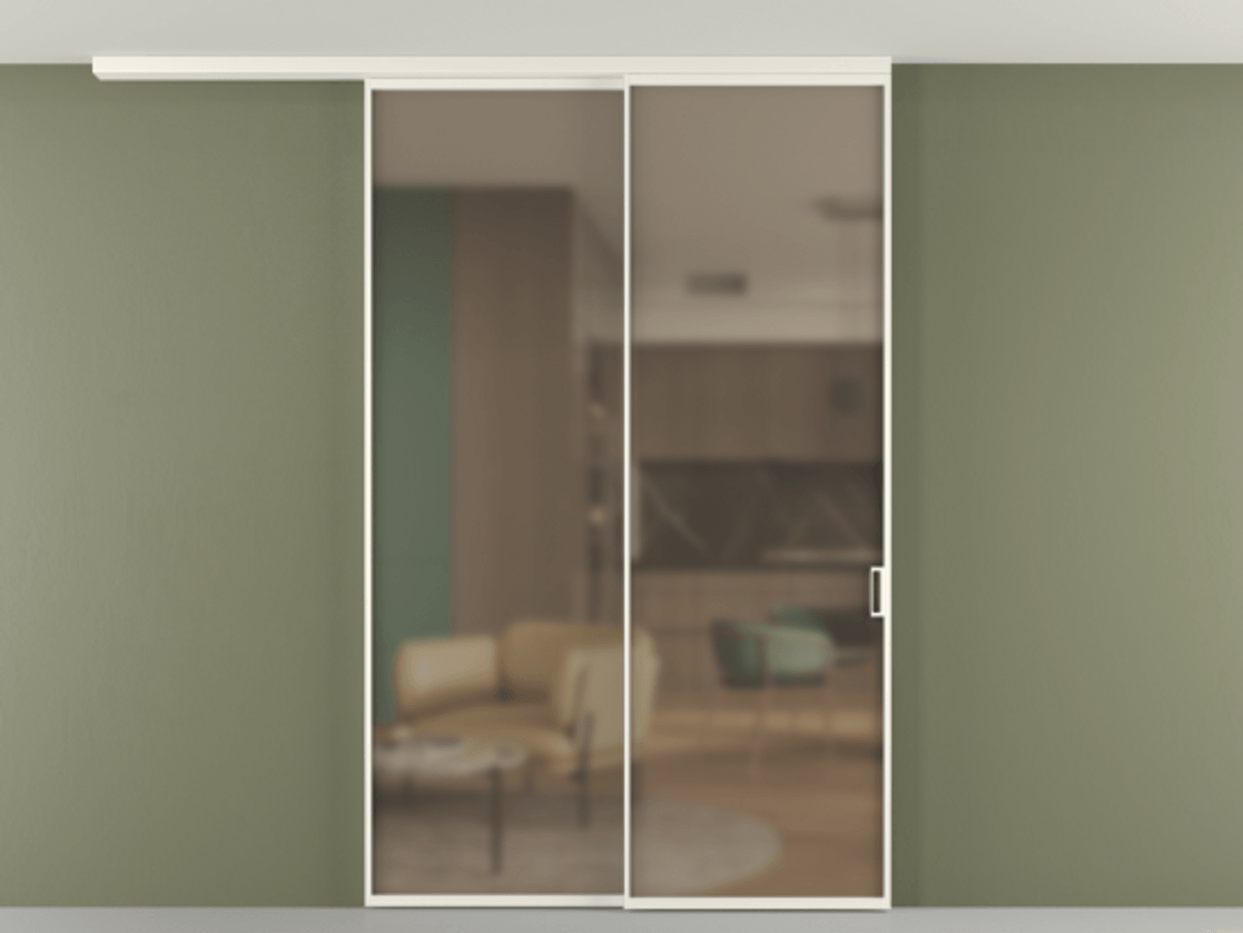 Перегородка Формато вдоль стены на потолок 2 створки с синхронным механизмом АЛПР 040.01 Алюминий пудровый белый Сатинированное бронзовое стекло, триплекс Цена 299140 ₽ | Volhovec