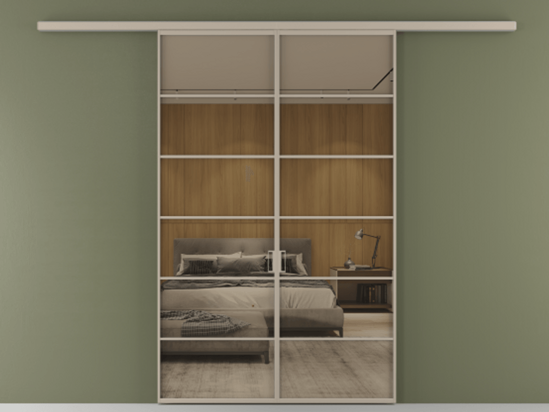 Перегородка Формато вдоль стены 2 створки АЛПР 040.04 Алюминий бисквитный Рефлективное бронзовое стекло "Стопсол", калёное Цена 264600 ₽ | Volhovec