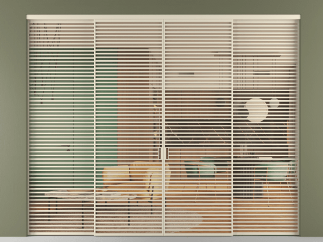 Межкомнатная дверь New Перегородка Formato внутри проёма четырёхстворчатая со скрытым креплением в потолок АЛПР 040.07 Алюминий бежево-серый Прозрачное оранжевое стекло, триплекс Цена 789200  | Volhovec