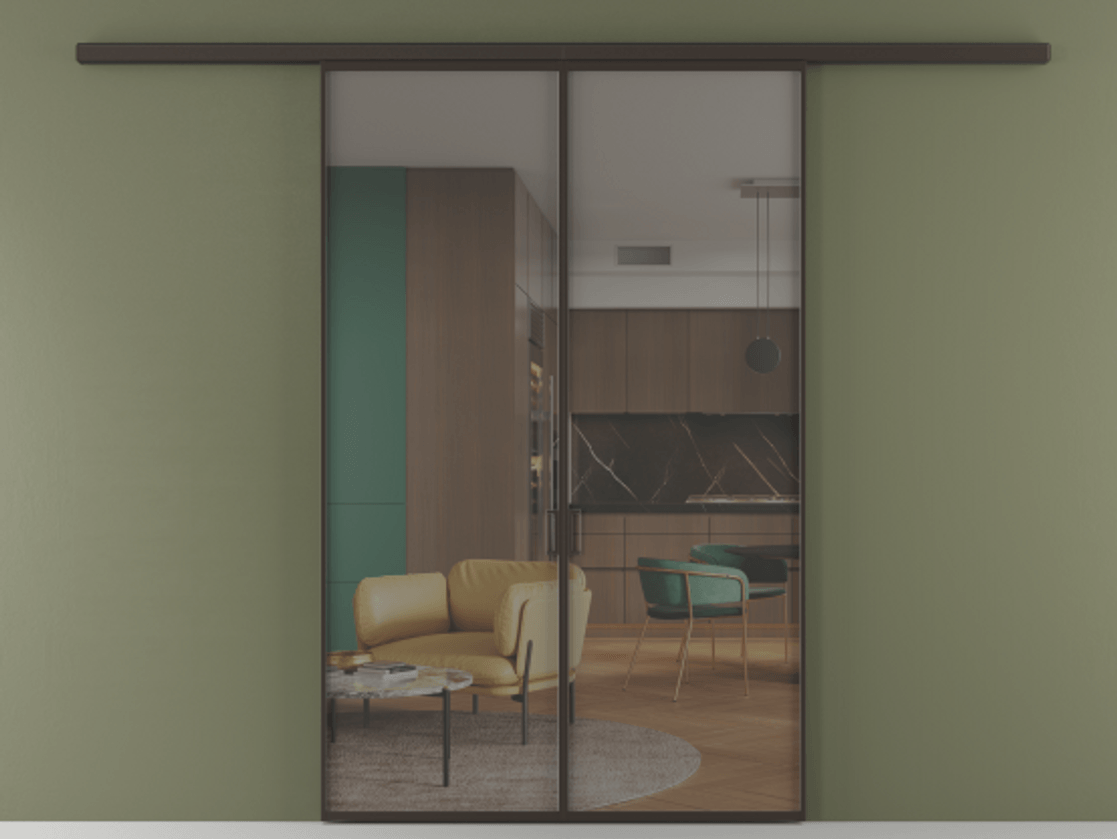 Перегородка Формато вдоль стены 2 створки АЛПР 040.01 Алюминий антрацит Прозрачное серое стекло, триплекс Цена 187350 ₽ | Volhovec