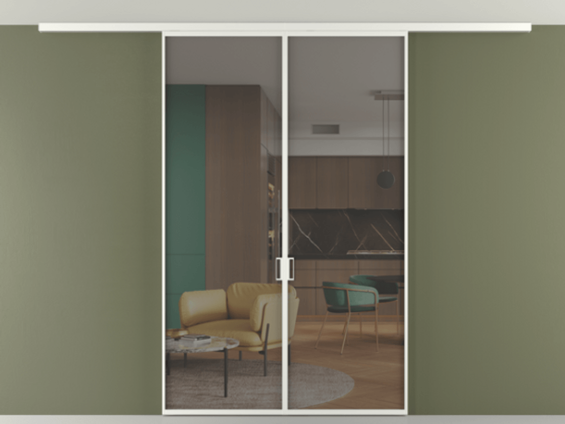 Перегородка Формато вдоль стены на потолок 2 створки АЛПР 040.01 Алюминий светло-серый Прозрачное серое стекло, триплекс Цена 216040 ₽ | Volhovec