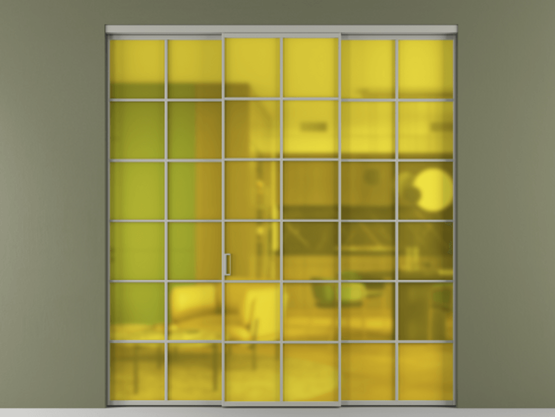 Перегородка Формато внутри проёма 3 створки АЛПР 040.05 Алюминий нейтральный серый Сатинированное жёлтое стекло, триплекс Цена 254825 ₽ | Volhovec