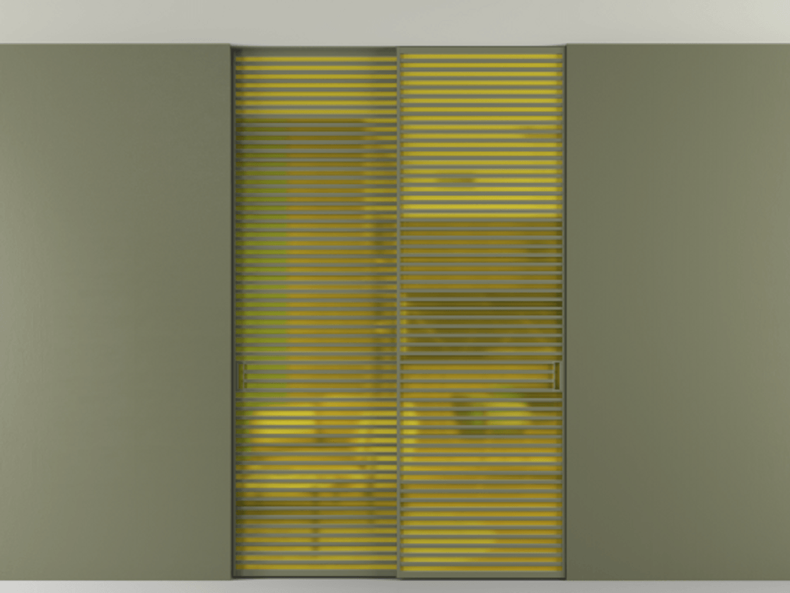 Перегородка Формато внутри проёма скрытое крепление в потолок 2 створки АЛПР 040.07 Алюминий оливковый тёмный Сатинированное жёлтое стекло, триплекс Цена 409915 ₽ | Volhovec