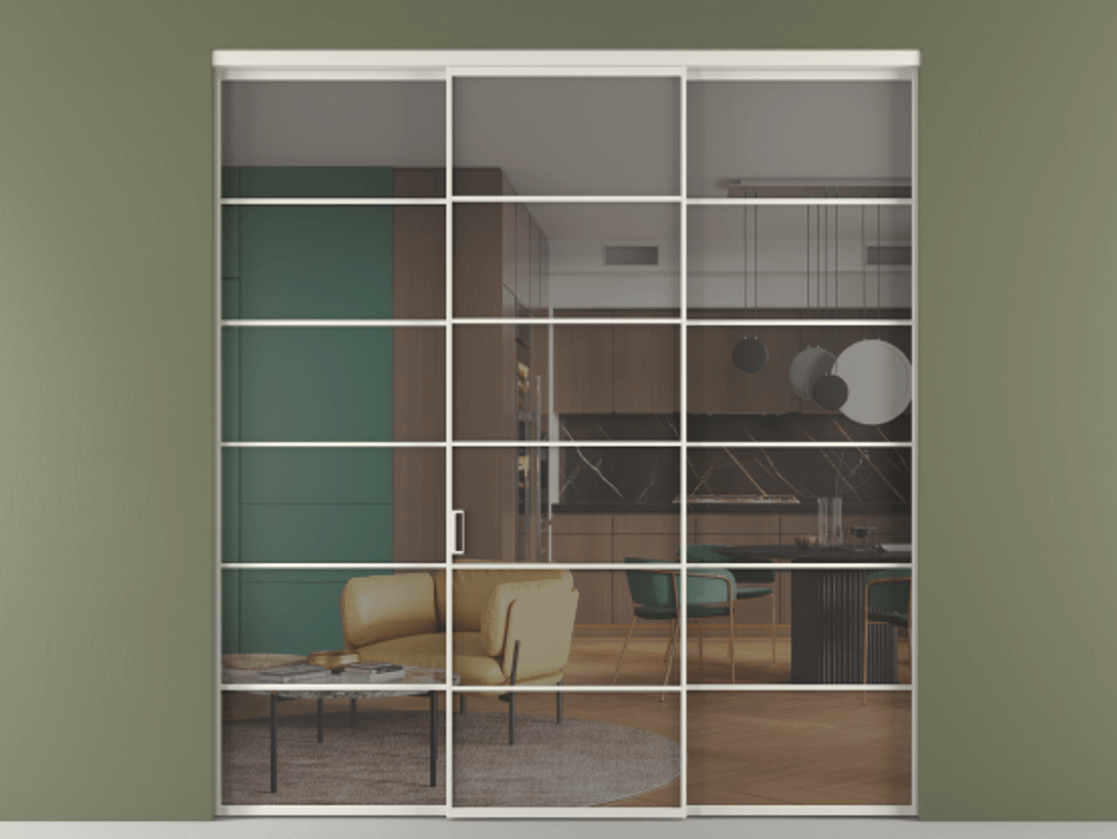 Перегородка Формато внутри проёма 3 створки АЛПР 040.04 Алюминий Белый Прозрачное серое стекло, триплекс Цена 244625 ₽ | Volhovec