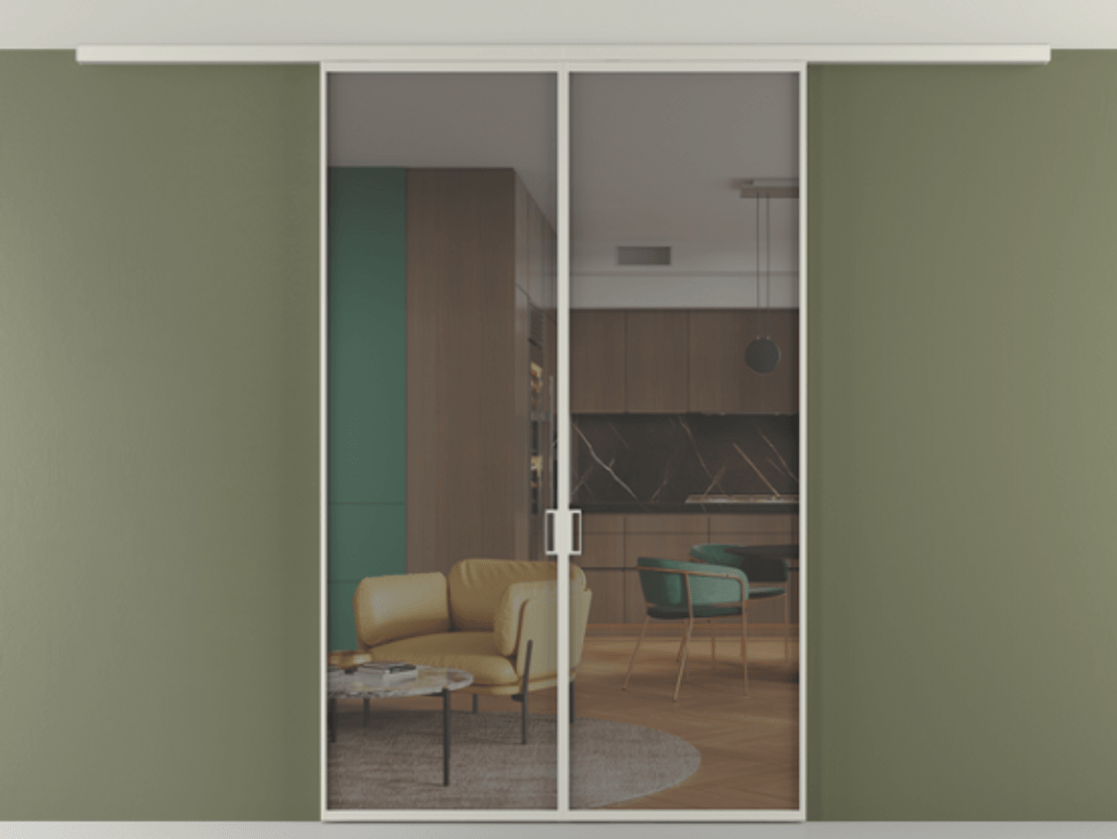 Перегородка Формато вдоль стены на потолок 2 створки АЛПР 040.01 Алюминий тёплый серый Прозрачное серое стекло, триплекс Цена 185372 ₽ | Volhovec