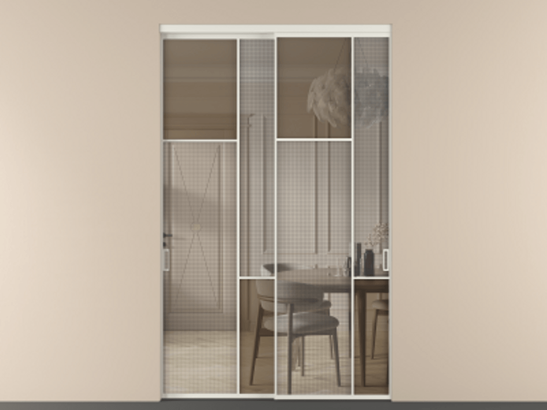 Перегородка Mosaic внутри проема двустворчатая АЛПР 041.10 Алюминий Белый Mesh silver + Бронза прозрачное триплекс Цена 227360 ₽ | Volhovec