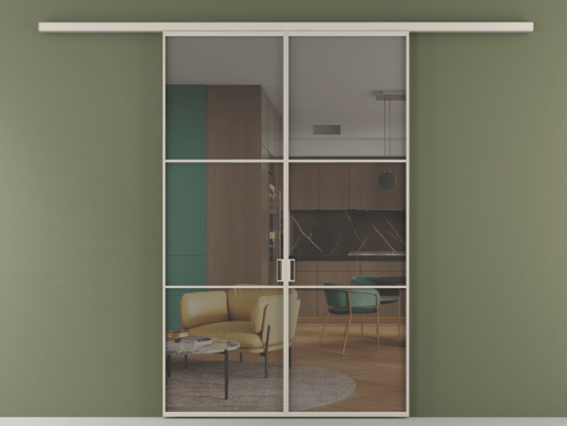 Перегородка Формато вдоль стены 2 створки АЛПР 040.03 Алюминий светло-бежевый Прозрачное серое стекло, триплекс Цена 195450 ₽ | Volhovec