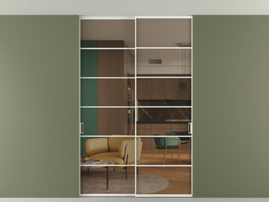 Перегородка Формато внутри проёма скрытое крепление в потолок 2 створки АЛПР 040.04 Алюминий светло-серый Прозрачное бронзовое стекло, триплекс Цена 261085 ₽ | Volhovec