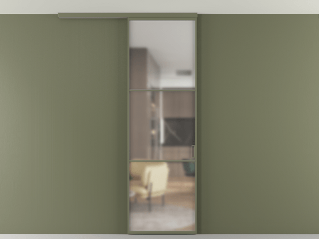 Перегородка Формато вдоль стены на потолок 1 створка АЛПР 040.03 Алюминий оливковый тёмный Сатинированное стекло "Мателюкс Кристал Вижн", калёное, матовое, каленое 6 мм Цена 107388 ₽ | Volhovec