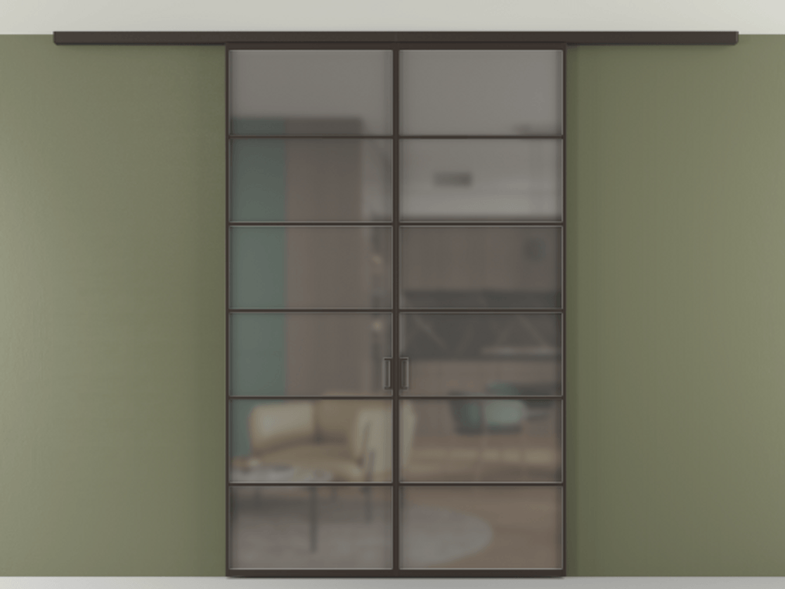 Перегородка Формато вдоль стены на потолок 2 створки АЛПР 040.04 Алюминий антрацит Сатинированное серое стекло, триплекс Цена 199485 ₽ | Volhovec