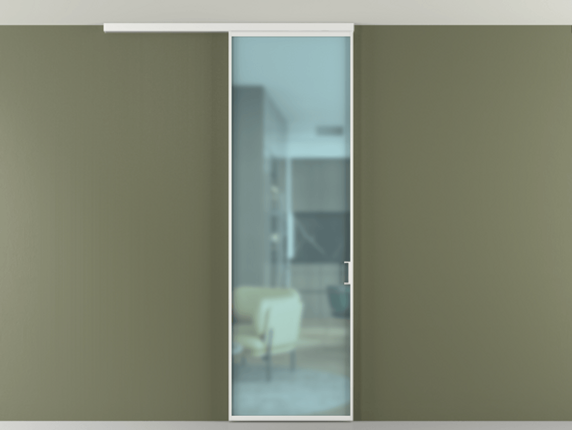 Перегородка Формато вдоль стены на потолок 1 створка АЛПР 040.01 Алюминий белоснежный Сатинированное голубое стекло, триплекс Цена 92403 ₽ | Volhovec