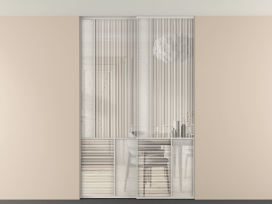 Перегородка Мозаик внутри проёма скрытое крепление в потолок 2 створки АЛПР 041.20 Алюминий тёплый серый Рифлёное стекло "Дюна", триплекс, 6 мм + Фактурное стекло "Лёд", триплекс Цена 340580 ₽ | Volhovec