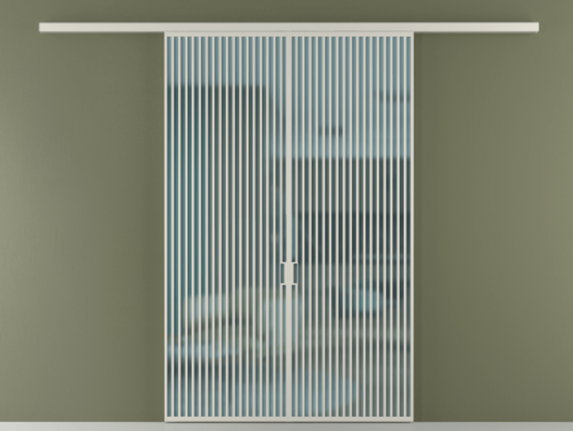 Перегородка Формато вдоль стены 2 створки АЛПР 040.06 Алюминий тёплый серый Сатинированное голубое стекло, триплекс Цена 342450 ₽ | Volhovec