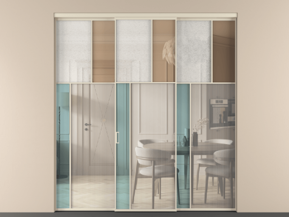 Перегородка Mosaic внутри проёма трёхстворчатая АЛПР 041.22 Алюминий бежево-серый Комбинация стекол Группы 1 и Группы 3 Цена 325910 ₽ | Volhovec