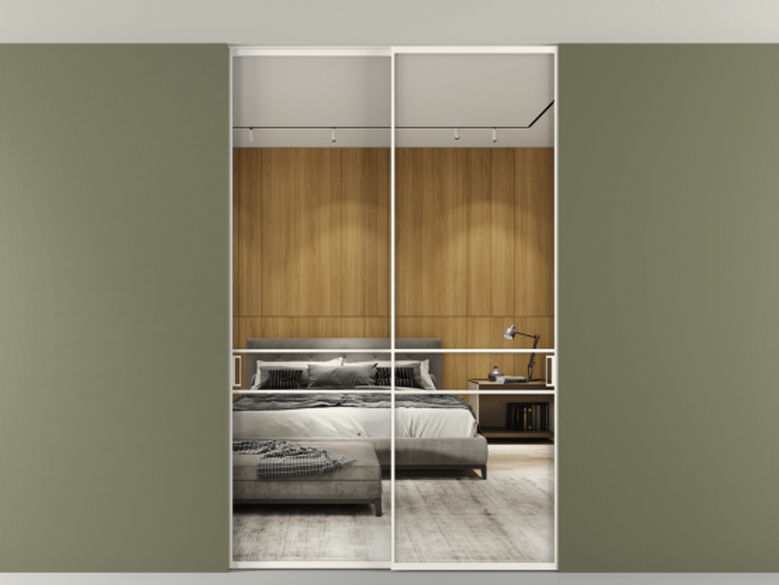 Перегородка Formato внутри проёма скрытое крепление в потолок 2 створки АЛПР 040.02 Алюминий пудровый белый Двустороннее зеркало, триплекс , триплекс 6 мм Цена 248215 ₽ | Volhovec