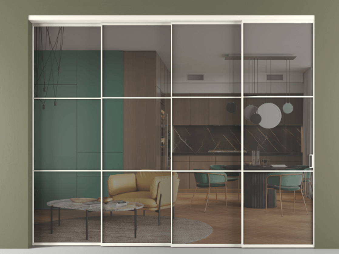Перегородка Формато внутри проёма 4 створки с синхронным механизмом АЛПР 040.03 Алюминий жемчужный Прозрачное серое стекло, триплекс Цена 482740 ₽ | Volhovec