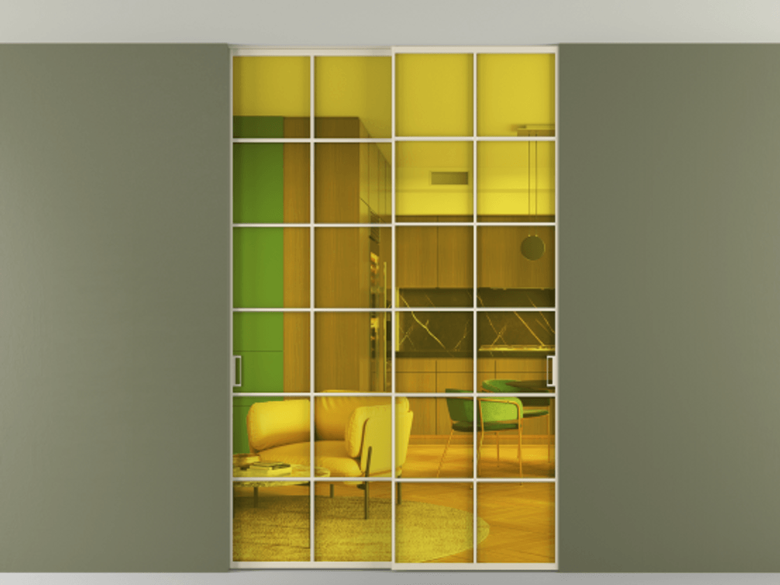 Перегородка Formato внутри проёма скрытое крепление в потолок 2 створки АЛПР 040.05 Алюминий бежево-серый Прозрачное жёлтое стекло, триплекс Цена 306680 ₽ | Volhovec