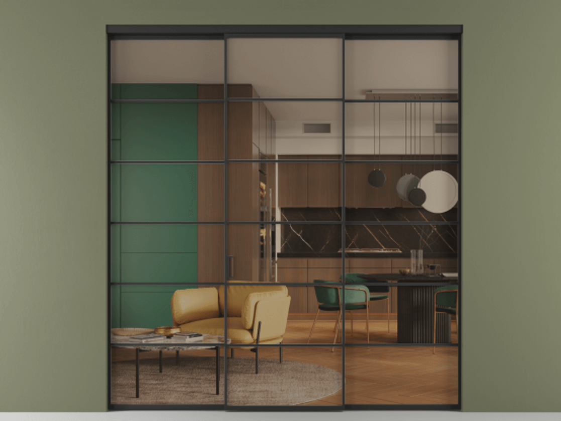 Перегородка Формато внутри проёма 3 створки АЛПР 040.04 Алюминий Черный Прозрачное бронзовое стекло, триплекс Цена 244625 ₽ | Volhovec