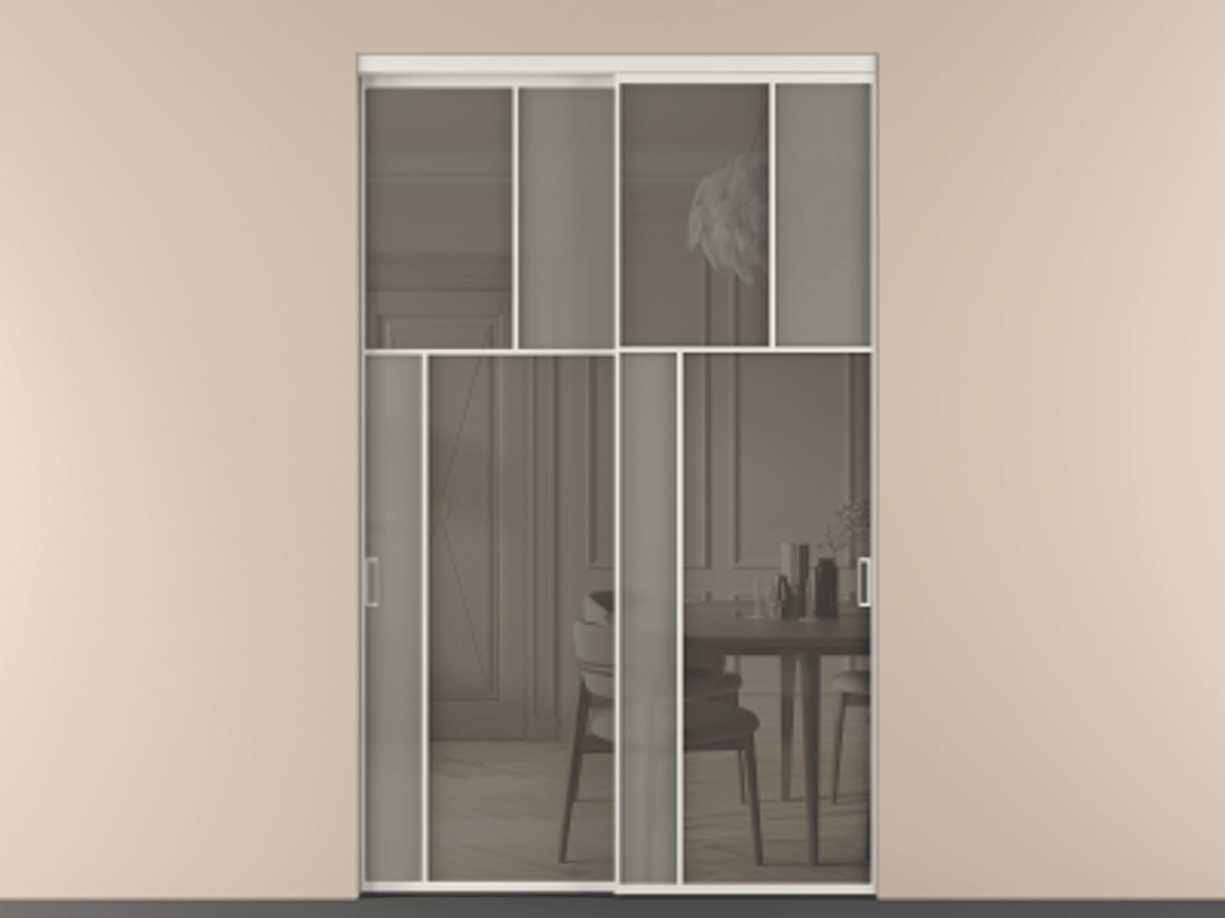 Перегородка Мозаик внутри проёма 2 створки АЛПР 041.22 Алюминий серый Сатинированное серое стекло, триплекс, 6 мм + Прозрачное серое стекло, триплекс Цена 494160 ₽ | Volhovec