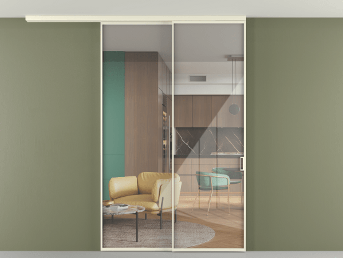 Перегородка Формато вдоль стены на потолок 2 створки с синхронным механизмом АЛПР 040.01 Алюминий молочно-белый Рефлективное прозрачное стекло "Стопсол", калёное Цена 281272 ₽ | Volhovec