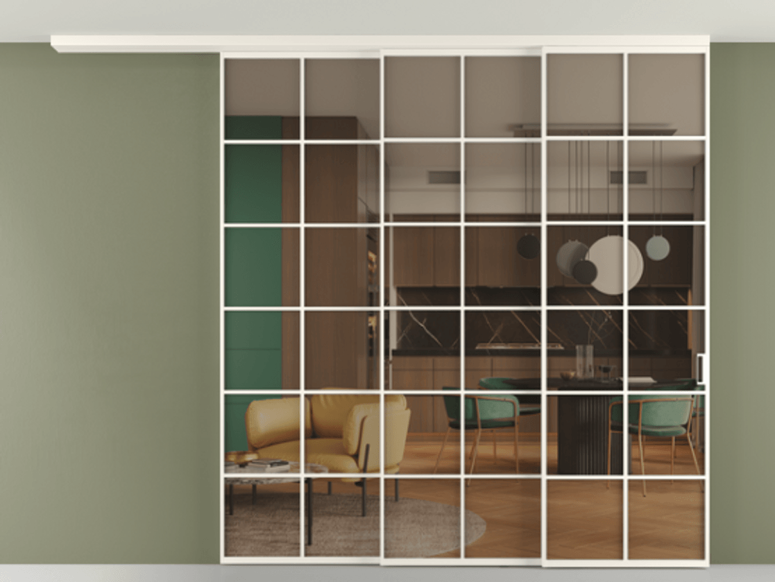 Перегородка Формато вдоль стены на потолок 3 створки с синхронным механизмом АЛПР 040.05 Алюминий пудровый белый Прозрачное бронзовое стекло, триплекс Цена 403278 ₽ | Volhovec