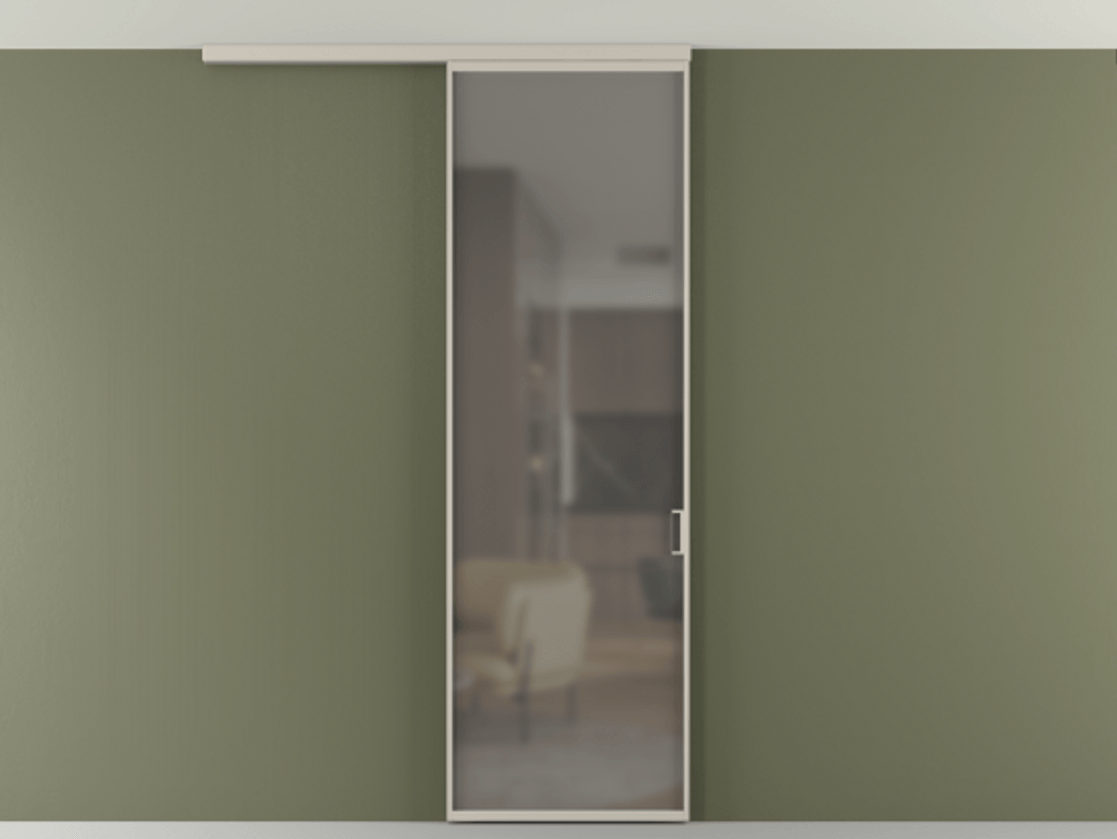 Перегородка Формато вдоль стены на потолок 1 створка АЛПР 040.01 Алюминий светло-бежевый Сатинированное серое стекло, триплекс Цена 92403 ₽ | Volhovec