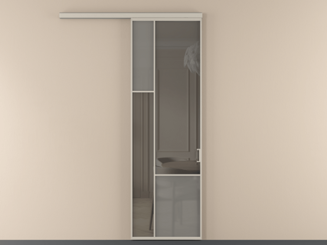 Перегородка Mosaic вдоль стены 1 створка АЛПР 041.13 Алюминий светло-бежевый Сатинированное серое стекло, триплекс, 6 мм + Прозрачное серое стекло, триплекс Цена 137030 ₽ | Volhovec