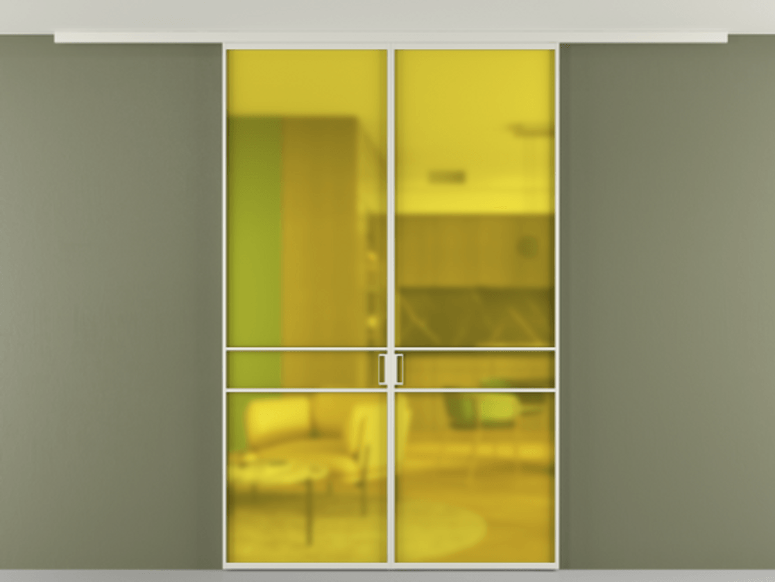 Перегородка Формато вдоль стены на потолок 2 створки АЛПР 040.02 Алюминий Белый Сатинированное жёлтое стекло, триплекс Цена 179575 ₽ | Volhovec