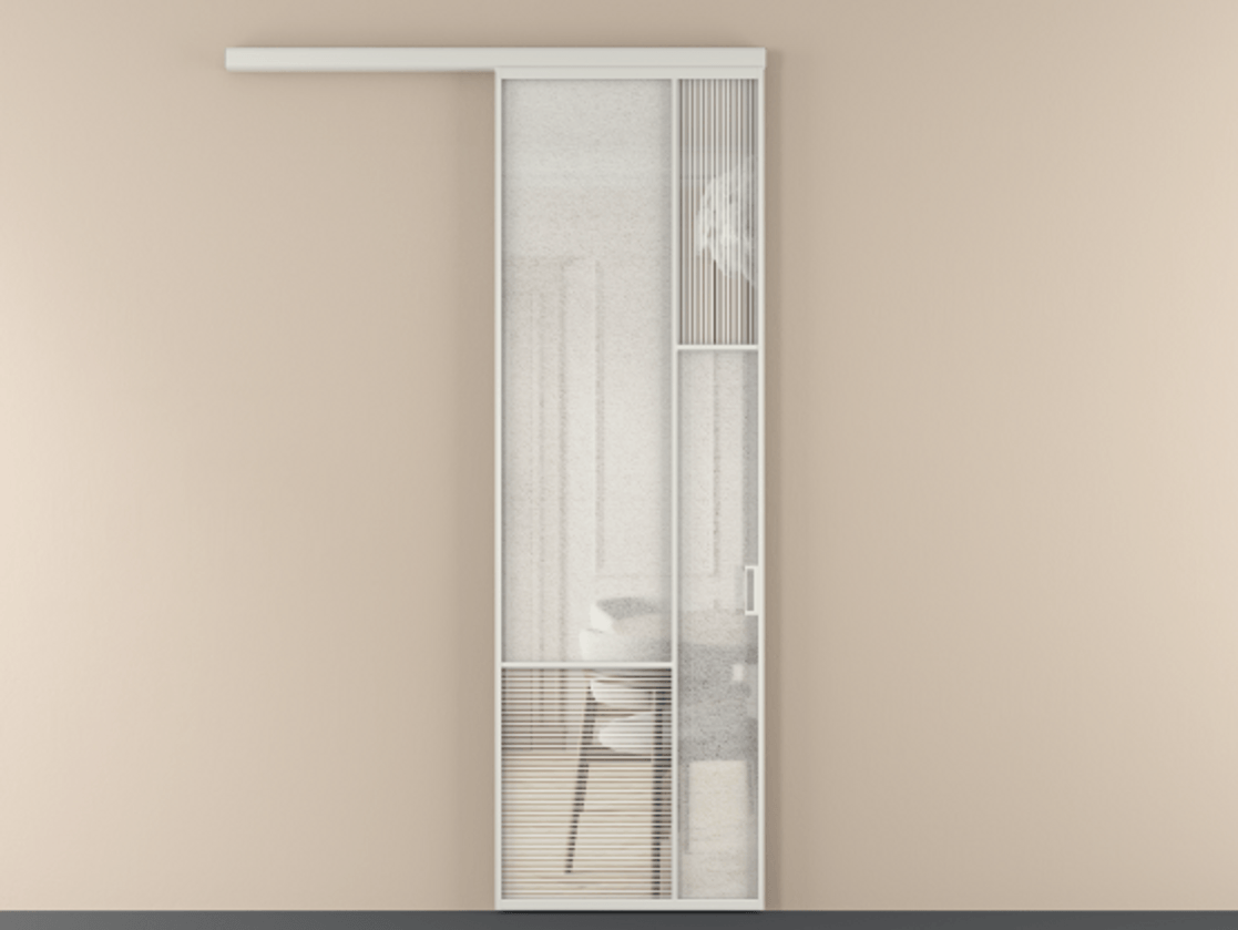 Перегородка Mosaic вдоль стены 1 створка АЛПР 041.12 Алюминий Белый Рифлёное стекло "Дюна", триплекс, 6 мм + Фактурное стекло "Лёд", триплекс Цена 940050 AMD | Volhovec