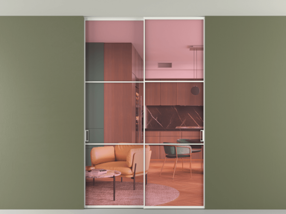 Перегородка Формато внутри проёма скрытое крепление в потолок 2 створки АЛПР 040.03 Алюминий светло-серый Прозрачное розовое стекло, триплекс Цена 248215 ₽ | Volhovec