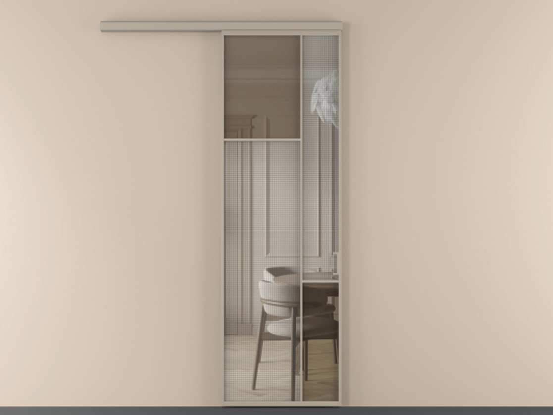 Перегородка Mosaic вдоль стены 1 створка АЛПР 041.10 Алюминий бисквитный Декоративное стекло с сеткой "Mesh silver", триплекс, 6 мм + Прозрачное бронзовое стекло, триплекс Цена 143030 ₽ | Volhovec