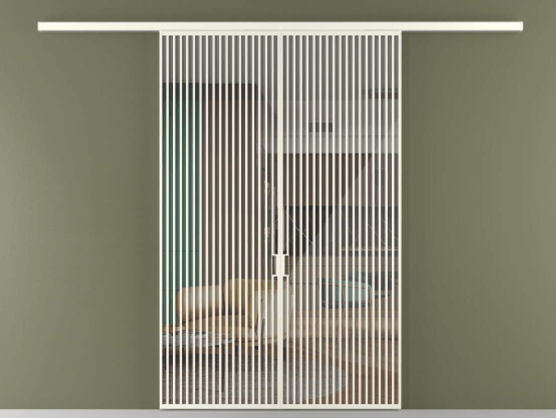 Перегородка Формато вдоль стены 2 створки АЛПР 040.06 Алюминий жемчужный Рефлективное прозрачное стекло "Стопсол", калёное Цена 445000 ₽ | Volhovec